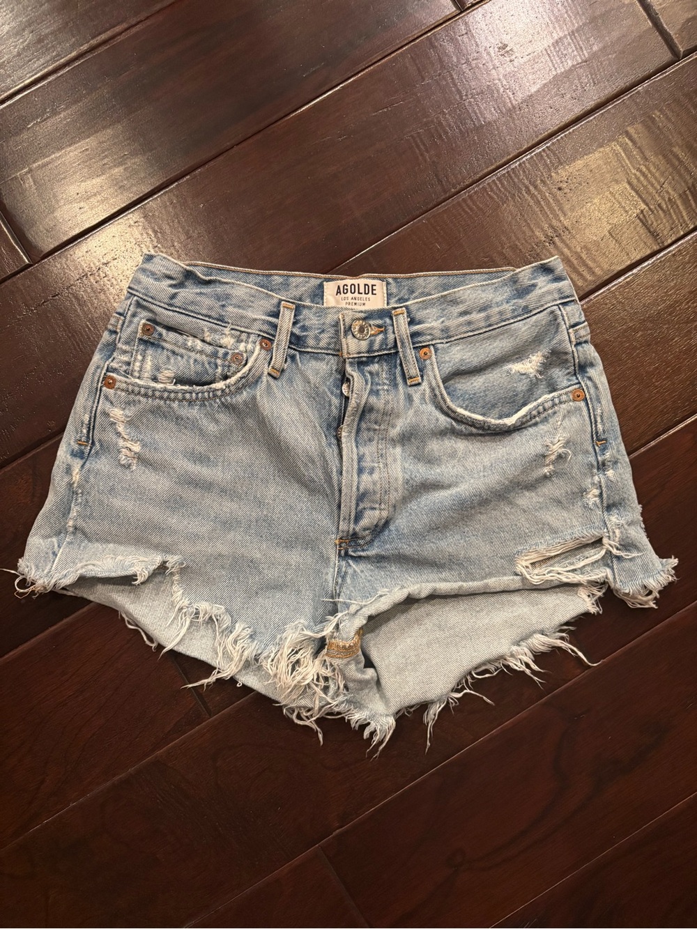 Agolde Light Wash Distressed Denim Cutoff Shorts